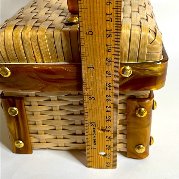 Simon Basket Purse Faux Tortoise Shell Lucite Handle & Trim Brass Accents 50's - Picture 8 of 13